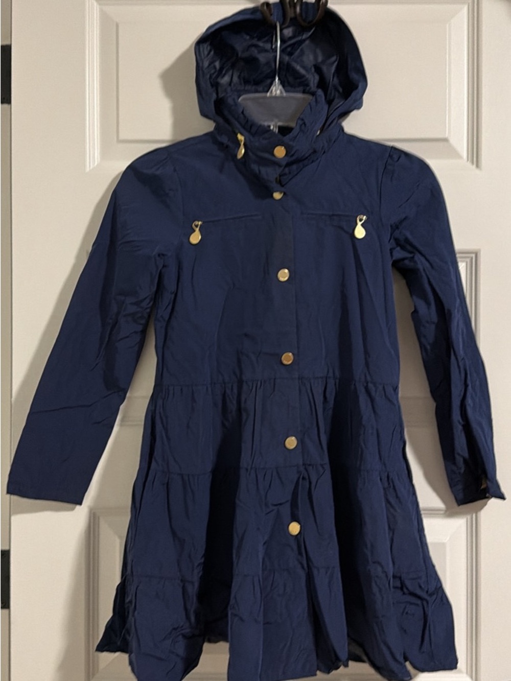 O&W Navy Blue Hooded Ruffle Raincoat Girls Size 10